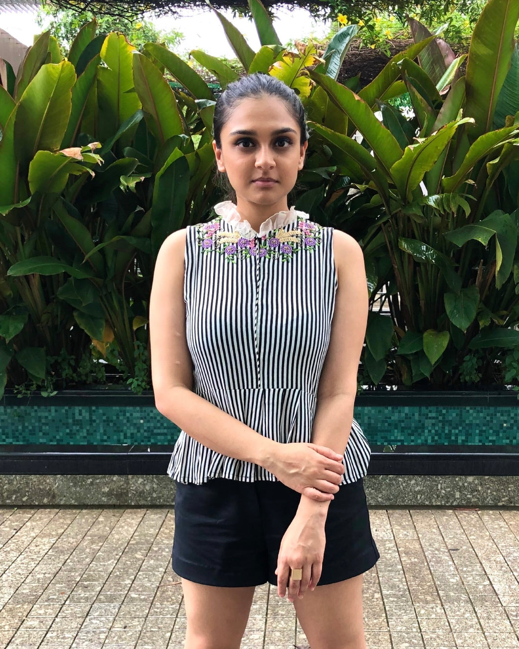 The B/W Striped Peonies Peplum Top