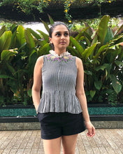 Load image into Gallery viewer, The B/W Striped Peonies Peplum Top
